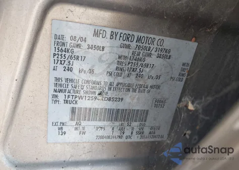 2004 Ford F-150 Lariat/Xlt from USA, damaged, VIN 1FTPW12594KD85239